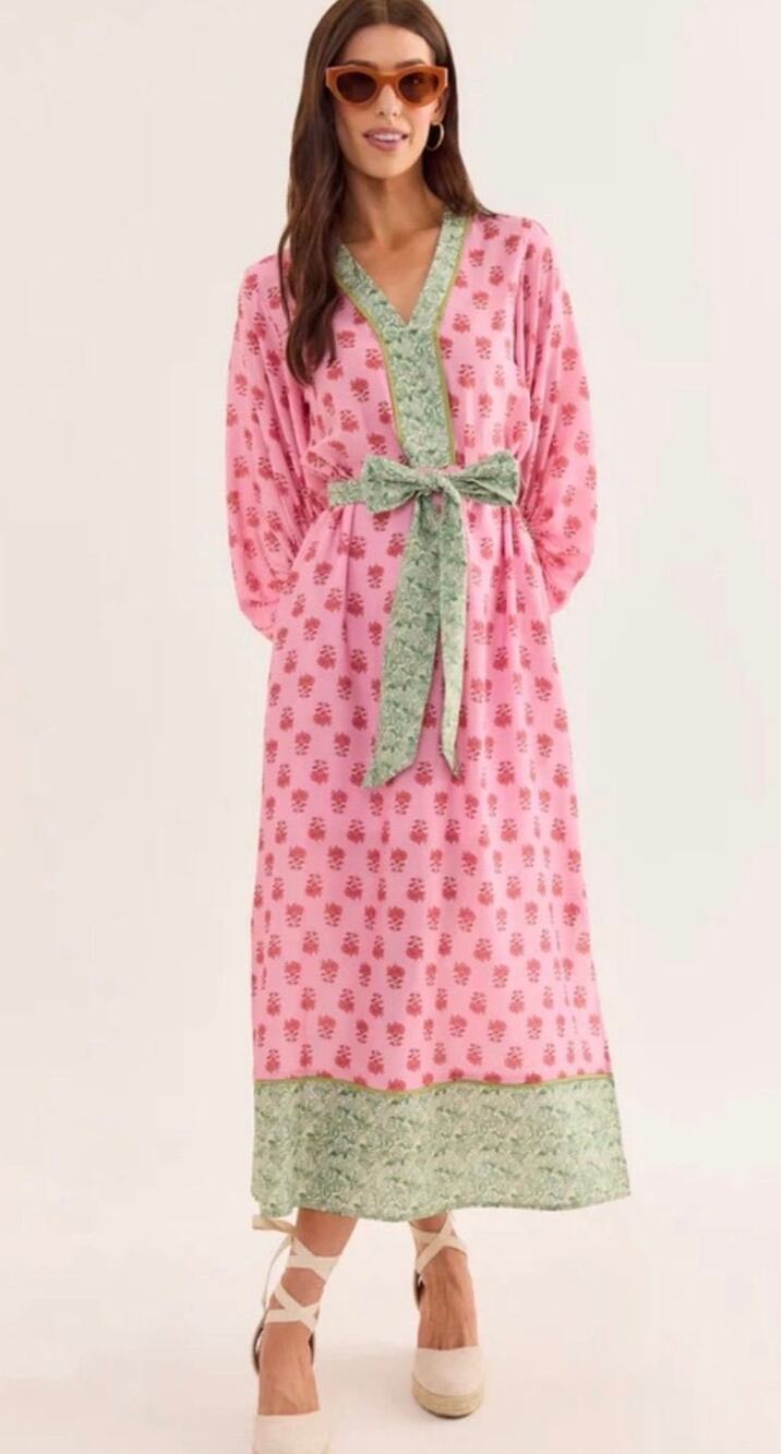 Entro Tessa Pink Printed Tie Waist Maxi Dress Pockets Size Large